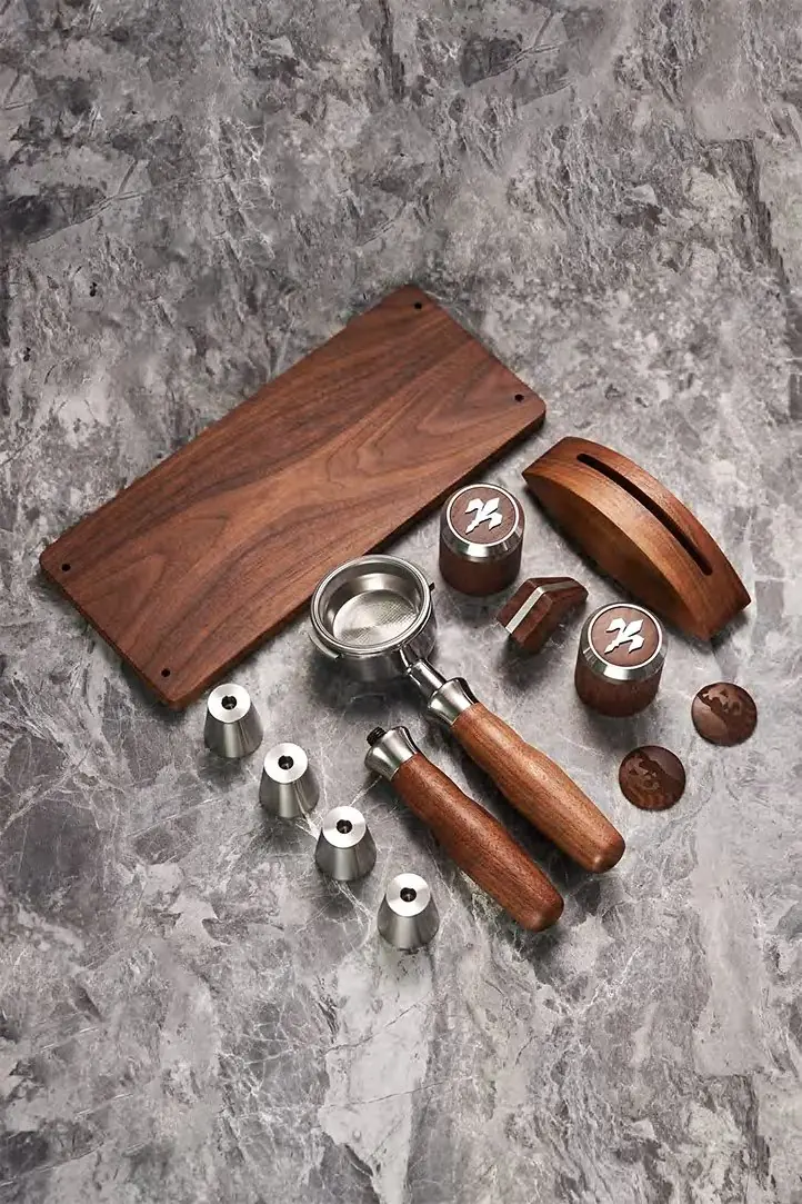 Walnut portafilter and machine upgrade set on marble